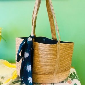 Draper James straw tote bag with blue floral scarf